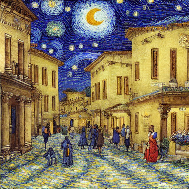 Interpretation of Starry Night with bustling village square