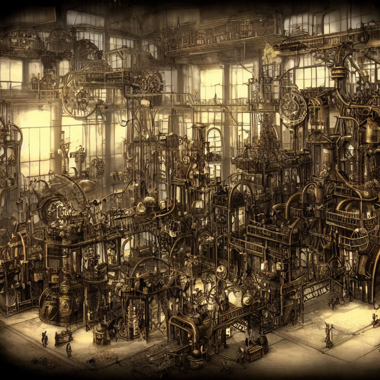 Detailed Steampunk Factory Interior with Gears, Pipes, Machines, and Workers