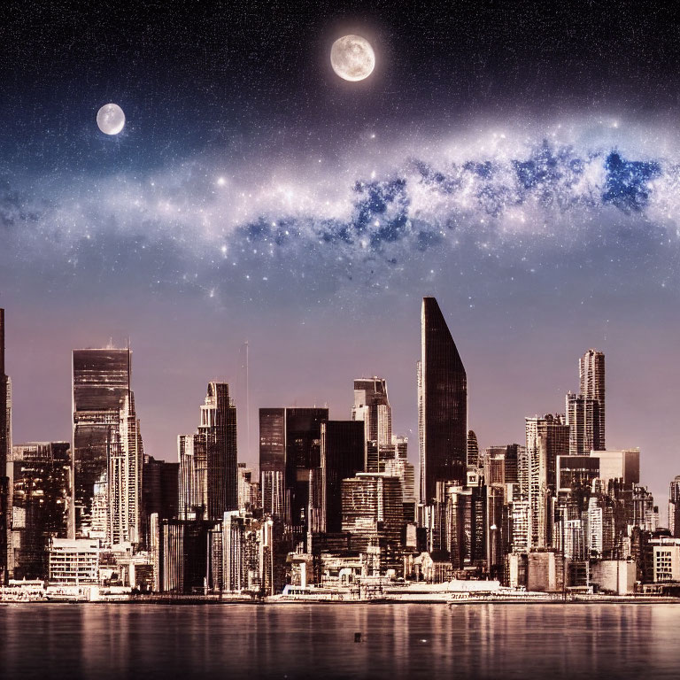 City skyline at night with starry sky, galaxy, crescent moon, and full moon.