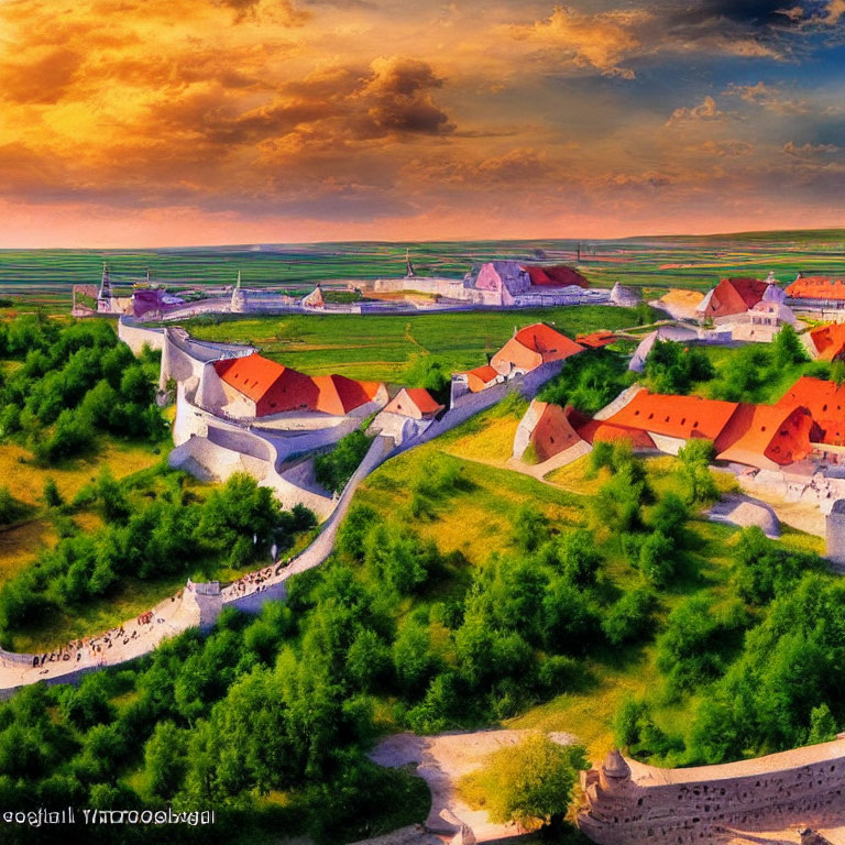 Medieval fortress with red-tiled roofs in sunset landscape