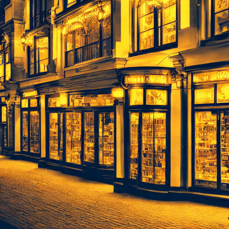 Charming old-fashioned bookstore on cobblestone street at night