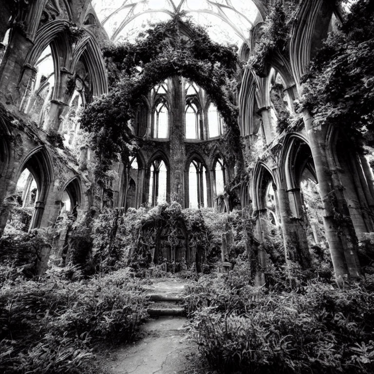 Monochrome image of overgrown Gothic church ruins