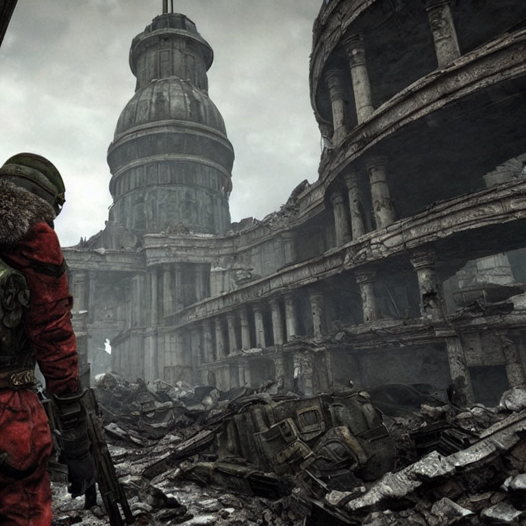 Red Hooded Figure Observes Post-Apocalyptic Ruins