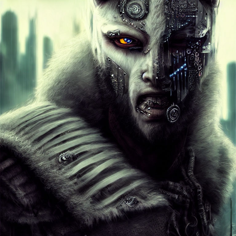 Half-human, half-robot creature with orange eyes and mechanical facial parts in fur against futuristic cityscape