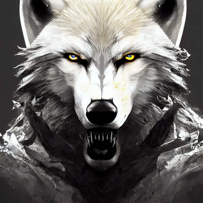 Detailed digital illustration of snarling wolf with yellow eyes and white/grey fur on dark backdrop