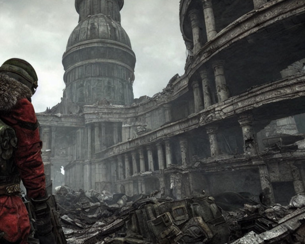 Red Hooded Figure Observes Post-Apocalyptic Ruins