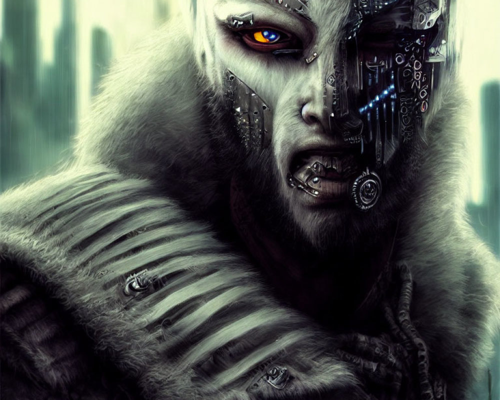 Half-human, half-robot creature with orange eyes and mechanical facial parts in fur against futuristic cityscape