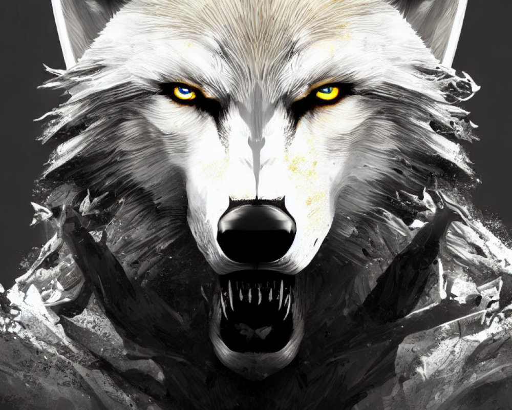 Detailed digital illustration of snarling wolf with yellow eyes and white/grey fur on dark backdrop