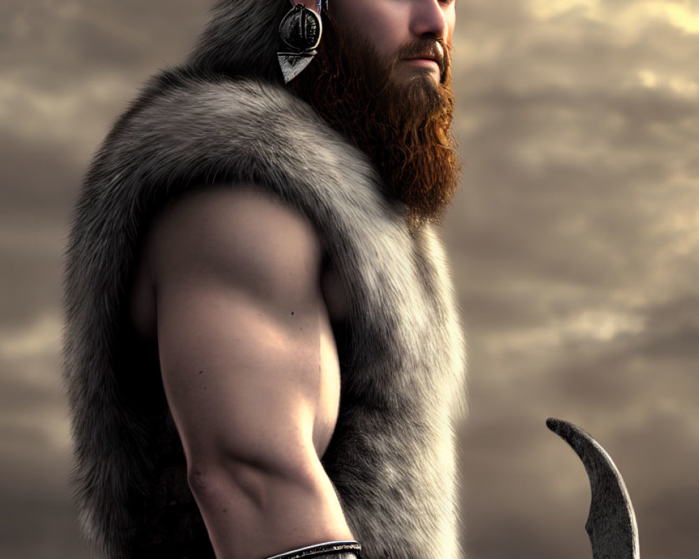 Bearded Viking man with horn helmet and axe in cloudy sky