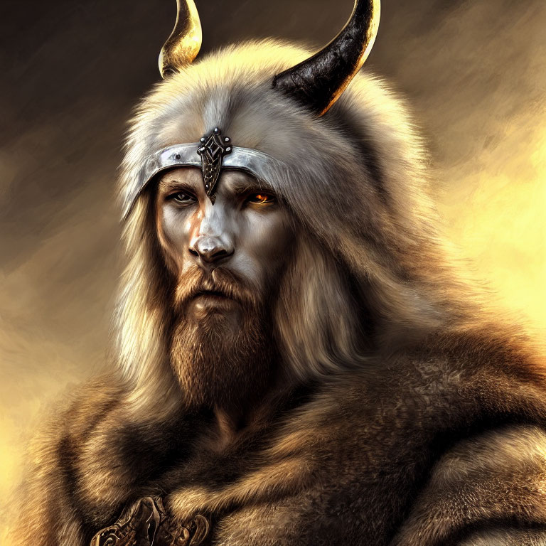 Fantasy portrait of a man with glowing eyes and horned helmet