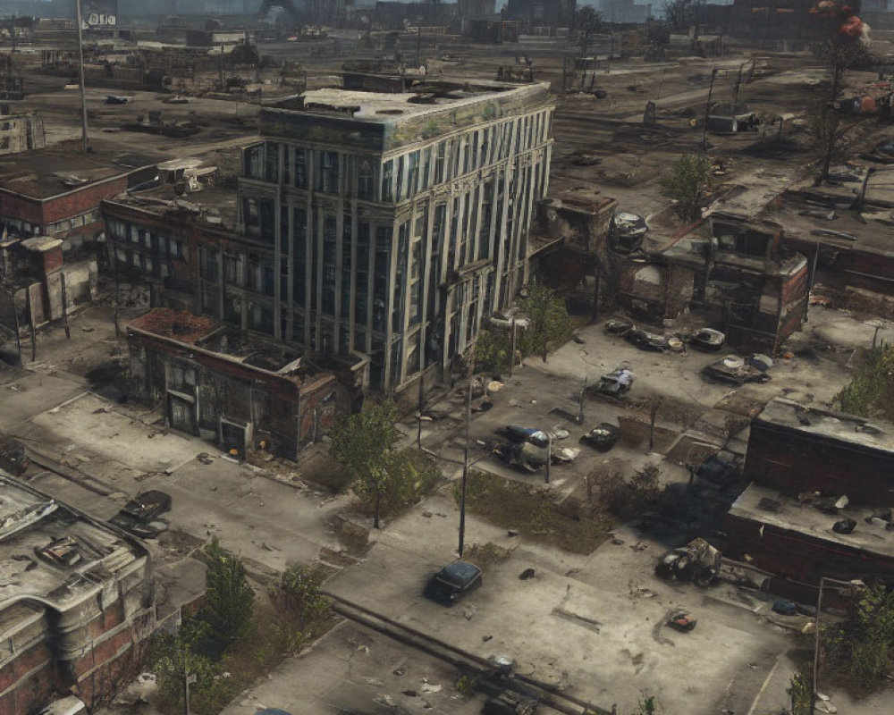 Desolate urban landscape with decaying buildings and abandoned cars