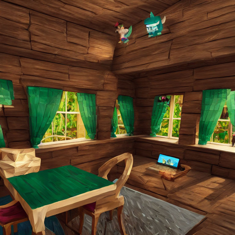 Warm Wooden Interior with Green Curtains, Table, Chair, and Laptop Showing Colorful Image