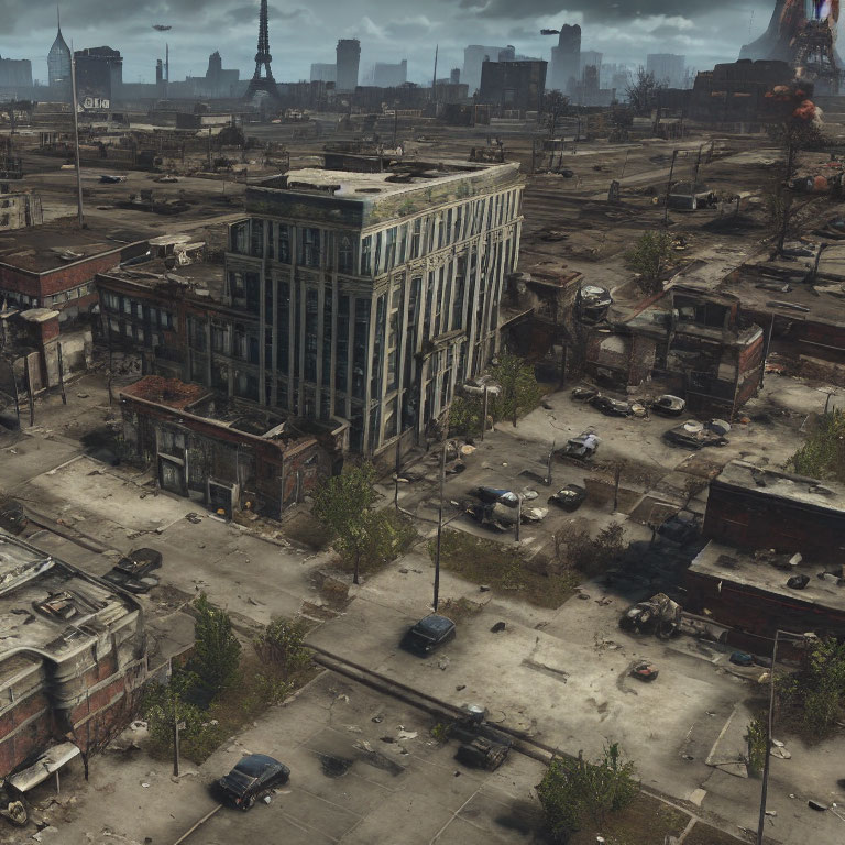 Desolate urban landscape with decaying buildings and abandoned cars