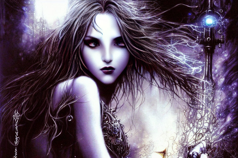 Gothic fantasy illustration of pale woman with dark hair in mystical mechanical setting