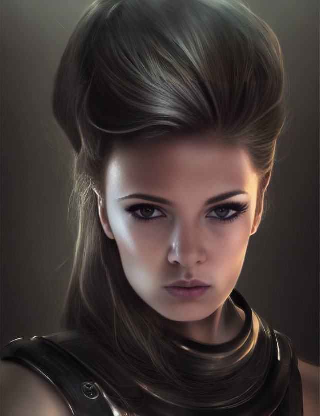 Detailed portrait of woman in futuristic armor with voluminous hair