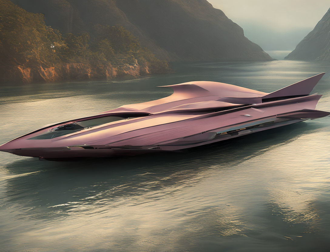 Futuristic metallic pink yacht in misty fjord landscape