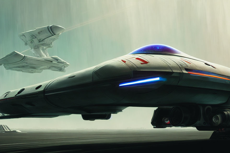 Futuristic Spaceship with Blue Engines and Red Markings Landing Scene