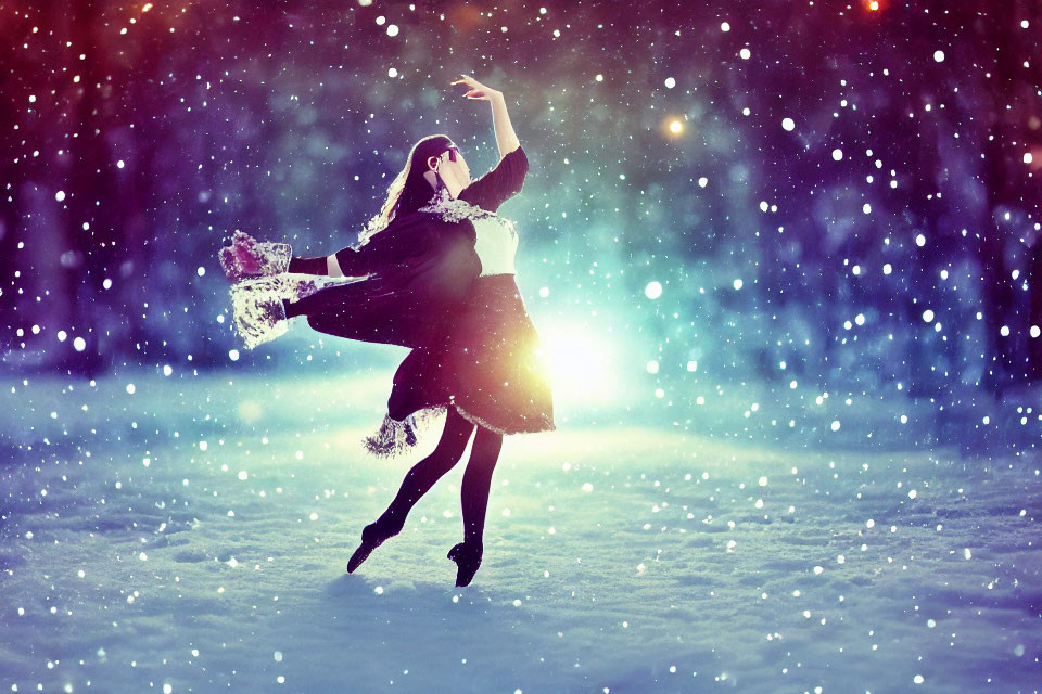 Person twirling in snow-covered landscape at dusk or dawn