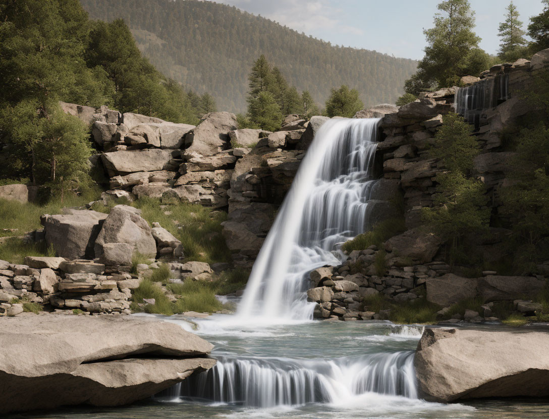 Tranquil waterfall over rocky cliff in lush forest landscape