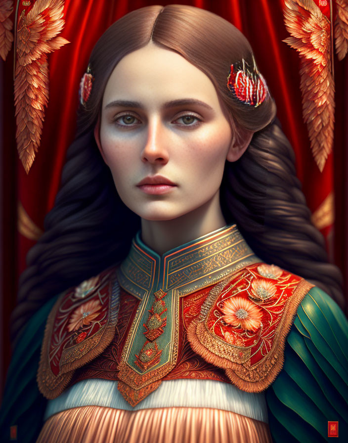 Digital portrait: Woman with braided hair, golden laurel accessories, red and green embroidered garment