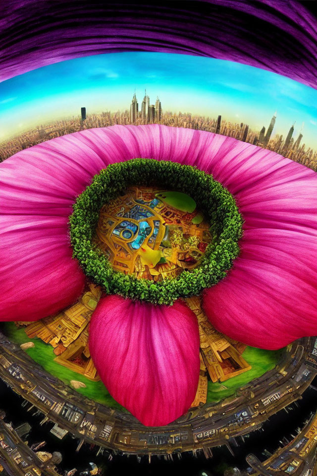 Circular cityscape around vibrant pink flower with skyscrapers