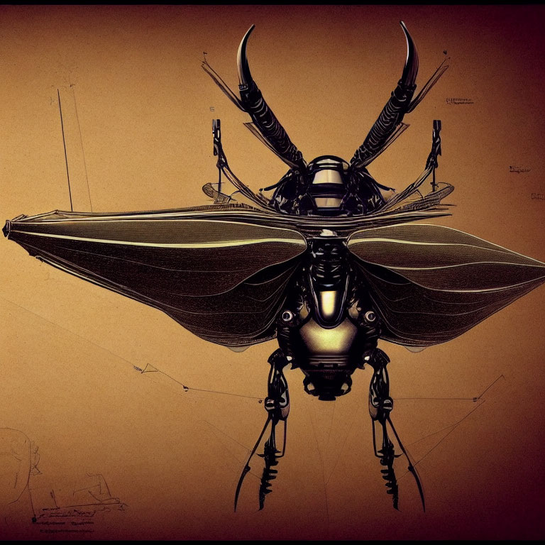 Detailed Concept Art of Mechanical Insect with Extended Wings and Antennae on Brown Background