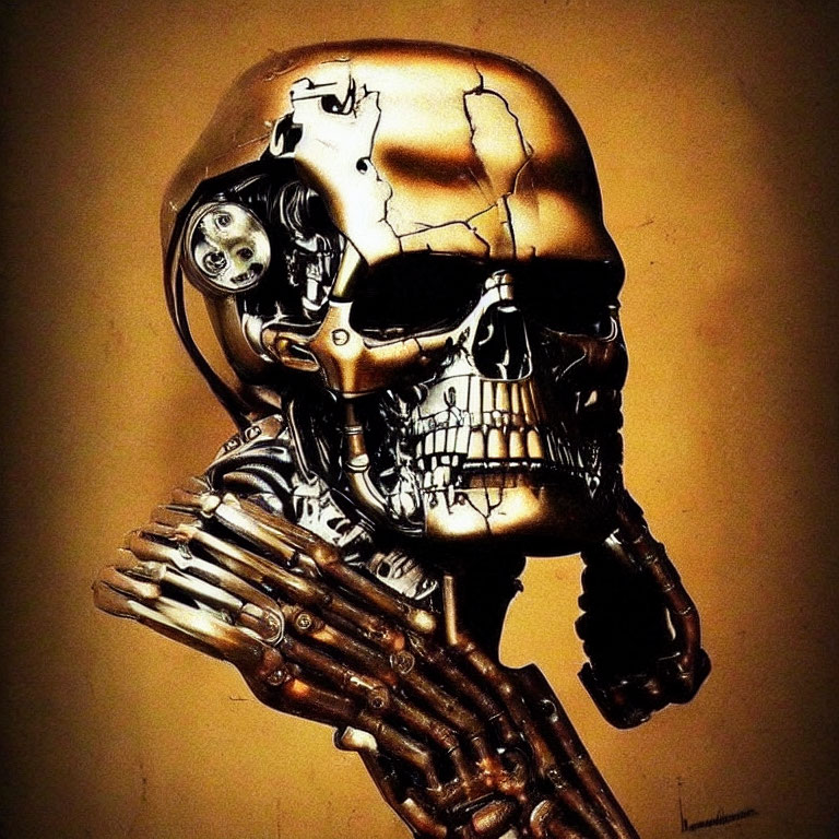 Golden robotic skull and hand with metallic components on golden backdrop