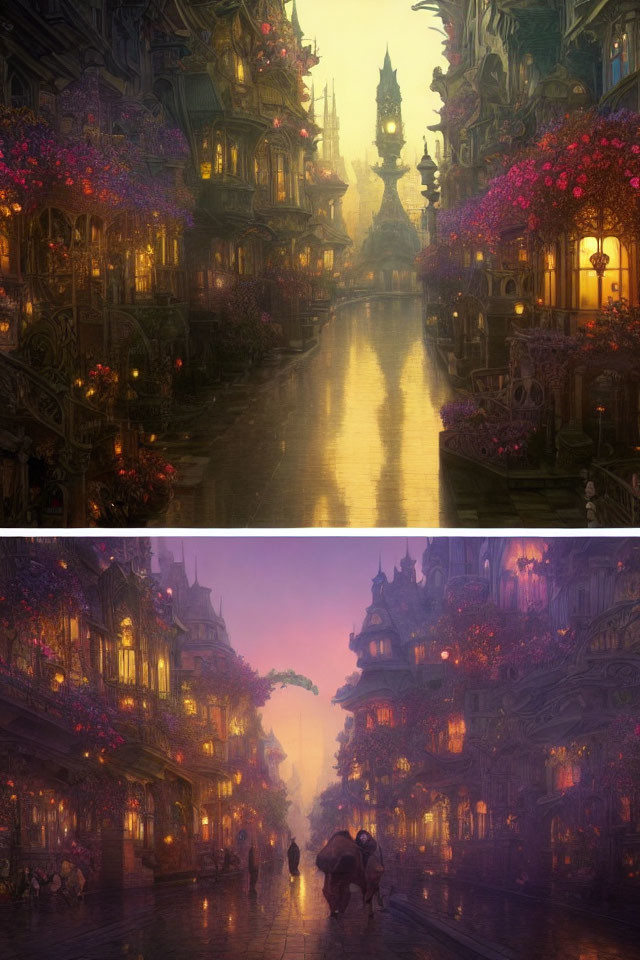 Fantasy-like cityscape with ornate buildings and abundant flowers.