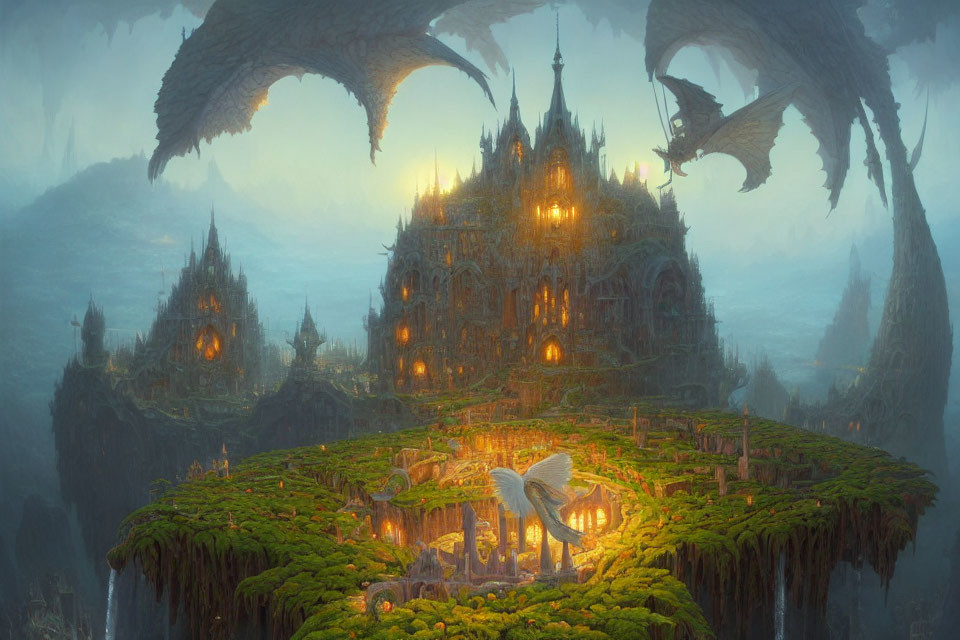 Dragons flying over illuminated castle on lush floating island