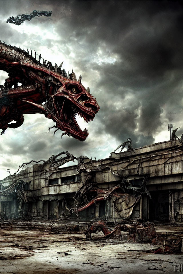 Red Dragon perched on industrial building in stormy post-apocalyptic scene