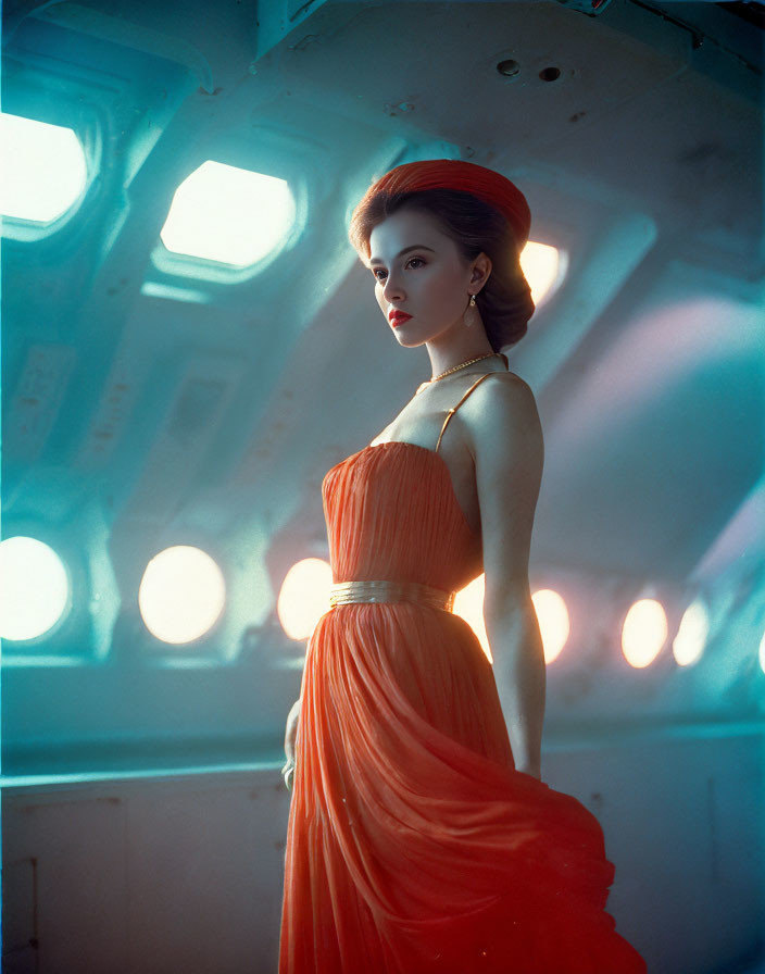 Woman in Red Dress and Hat in Vintage Aircraft Cabin