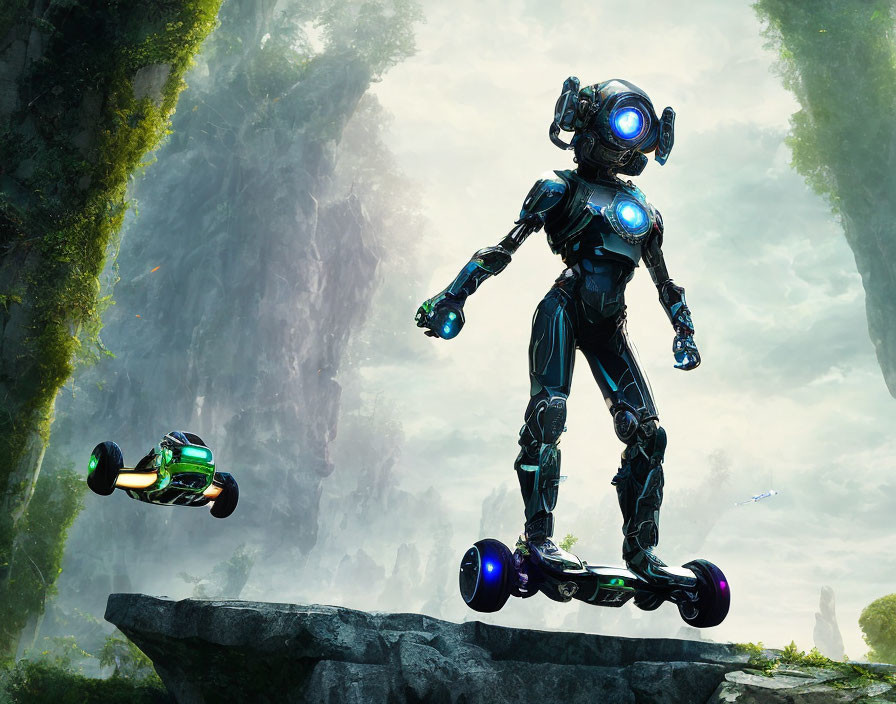 Futuristic robot on levitating skateboard in lush green canyon