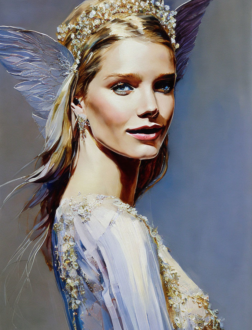 Portrait of woman with butterfly wings, floral headpiece, and blue eyes.