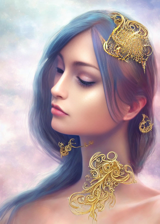 Blue-Haired Woman with Gold Jewelry on Pastel Background