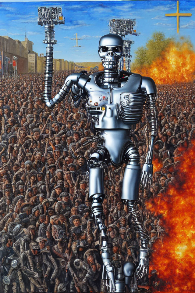 Futuristic robot in flames against industrial backdrop