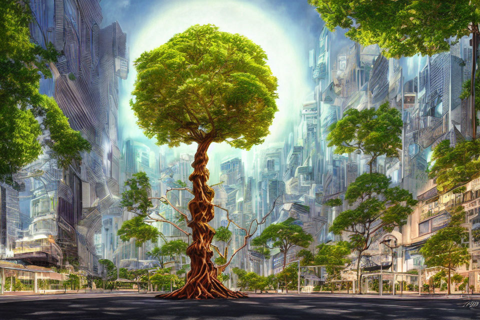 Vibrant tree in futuristic city with skyscrapers