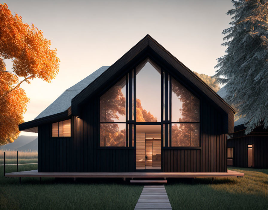 Modern Black A-Frame House with Large Windows in Dusk Setting