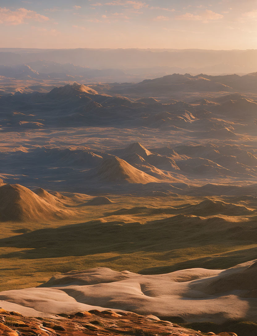 Mountainous Landscape Bathed in Warm Light and Soft Shadows