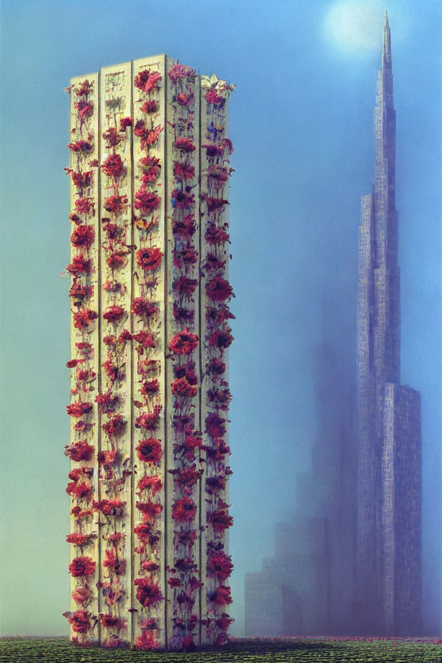 High-rise building with red floral patterns next to towering skyscraper under blue sky