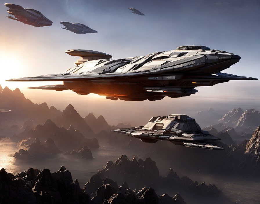 Futuristic spaceships over rugged mountain landscape at sunrise.