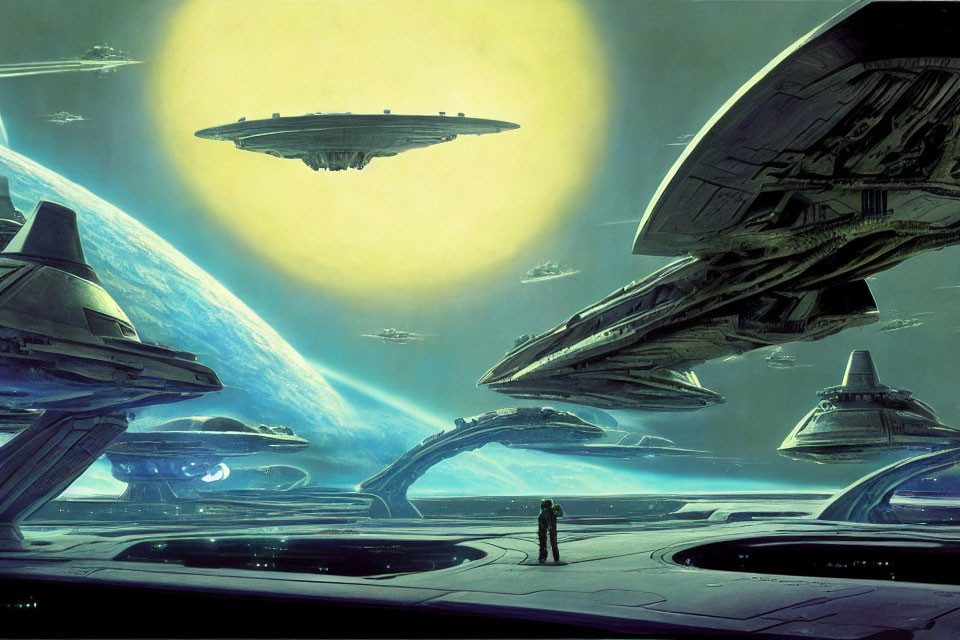 Futuristic spaceport scene with humanoid figures and spacecraft on blue planet under yellow sky