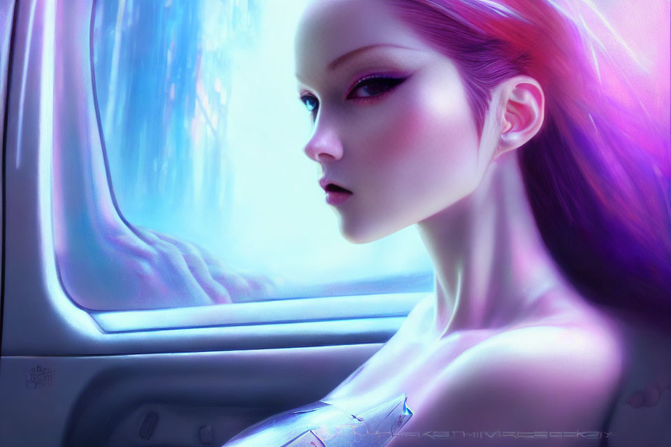 Digital artwork: Female character with purple hair gazing out of futuristic window with neon glow