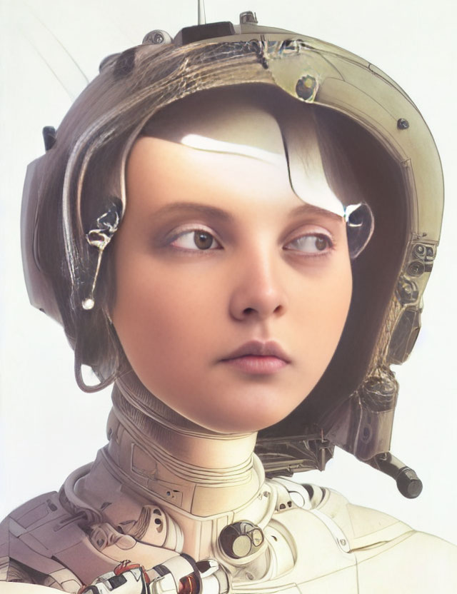 Astronaut helmet-wearing person with pensive expression in sci-fi suit