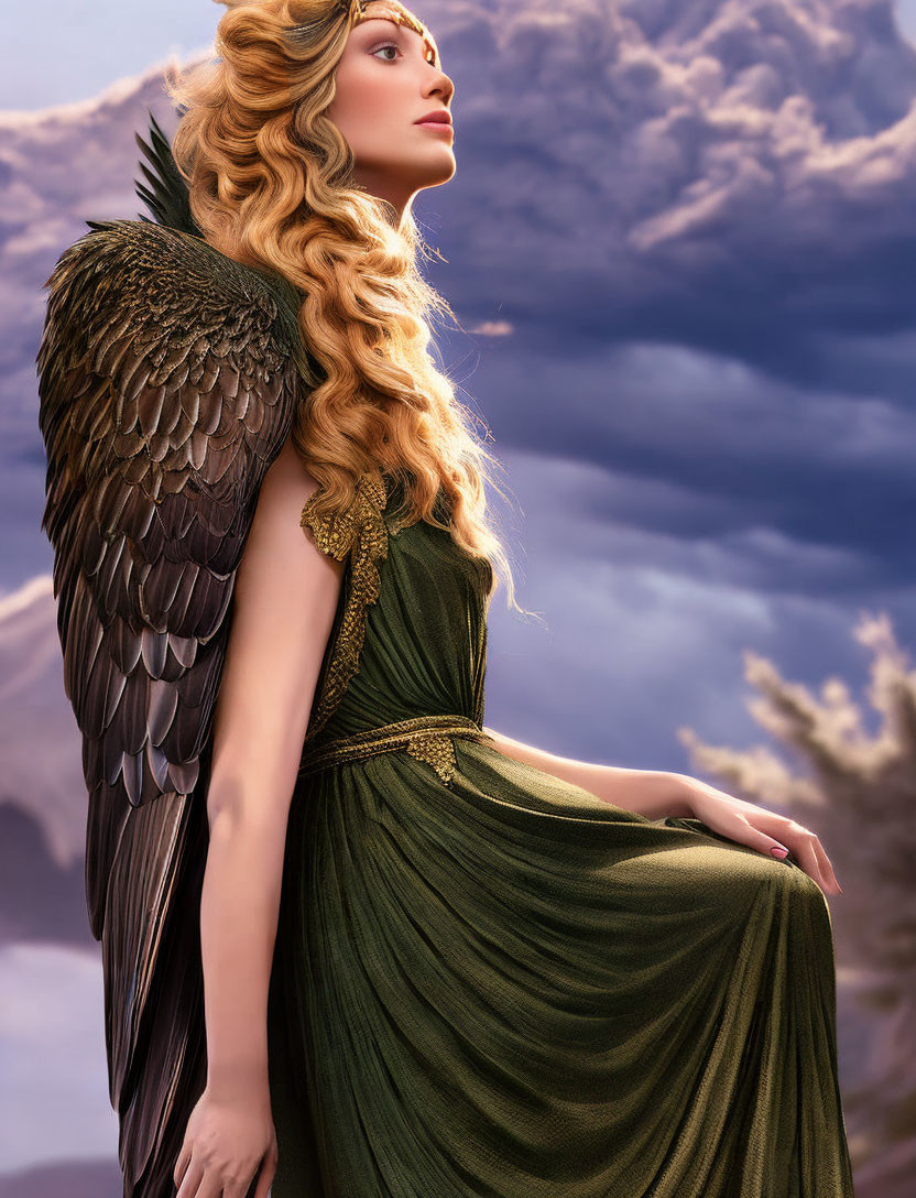 Digital artwork: Angelic figure with blond hair, dark wings, green dress, cloudy sky.