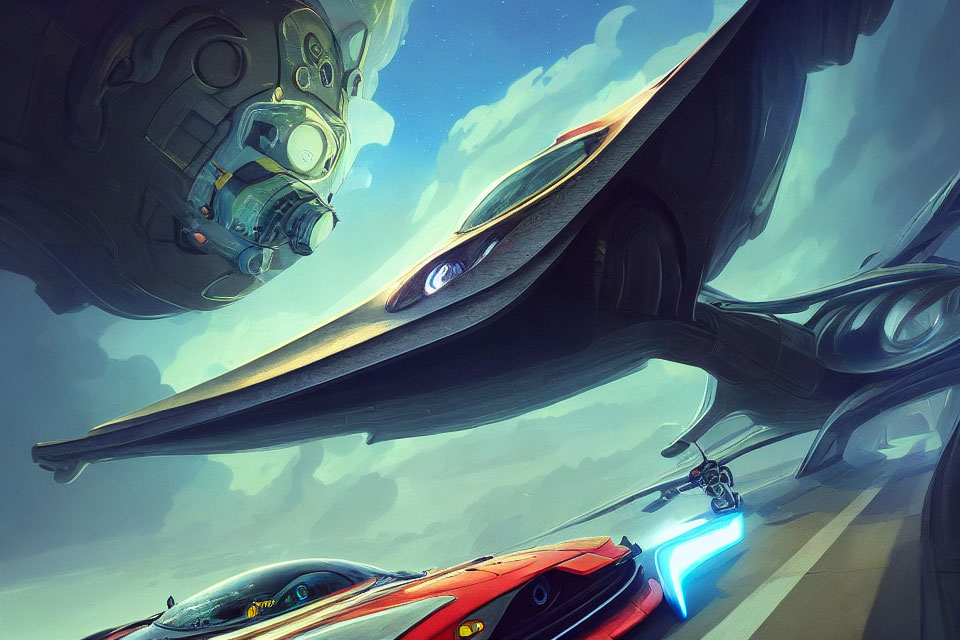 Futuristic race with sleek vehicles and blue energy beside a hovering spaceship