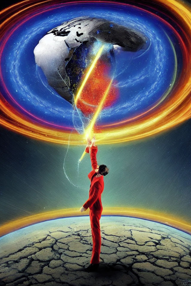 Person in red reaching towards cosmic scene with inverted Earth and lightning hands