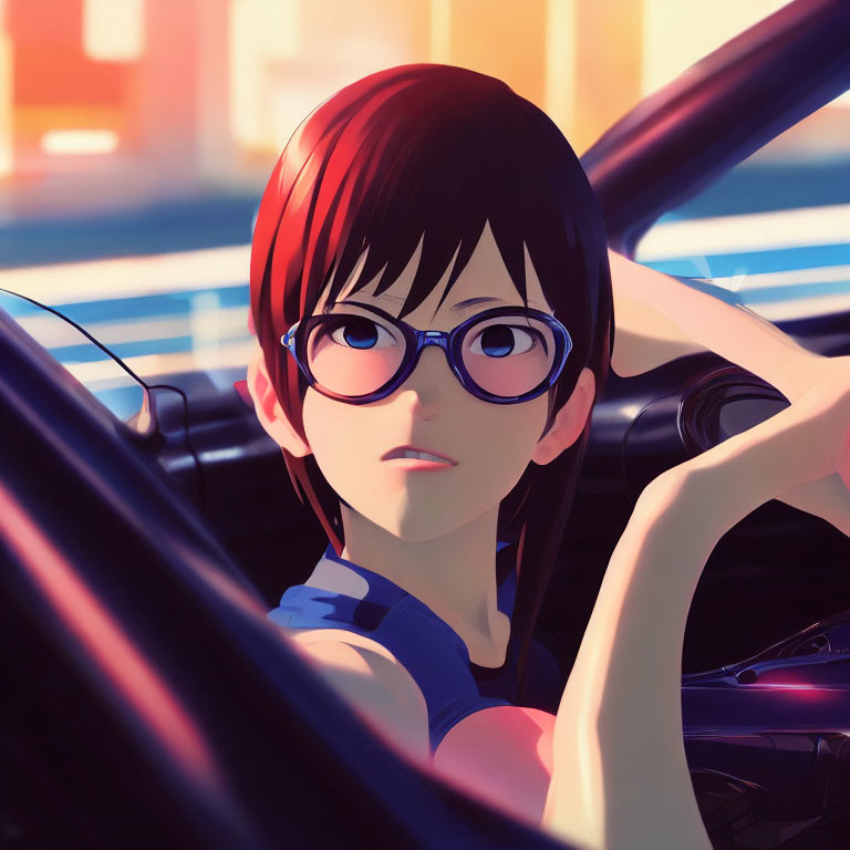 Red-Haired Animated Character with Glasses Driving a Car