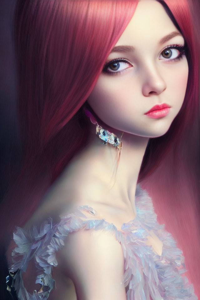 Portrait of a female character with big eyes, long pink hair, and elegant attire.