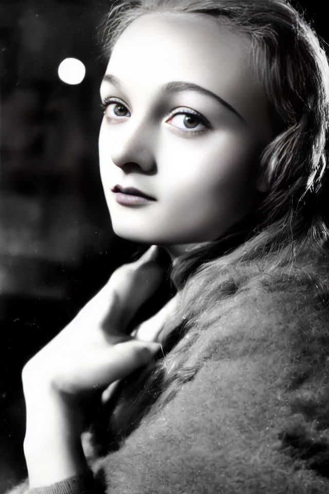 Monochrome portrait of young woman with red eyes and light orb.