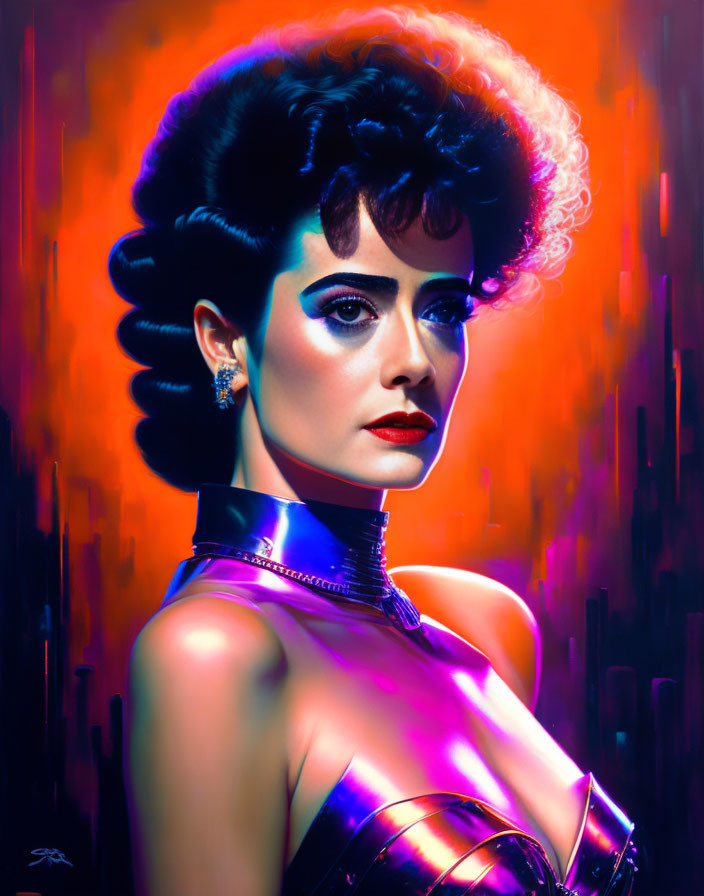 Portrait of Woman with Dark Voluminous Hair, Striking Makeup, and Futuristic Attire on